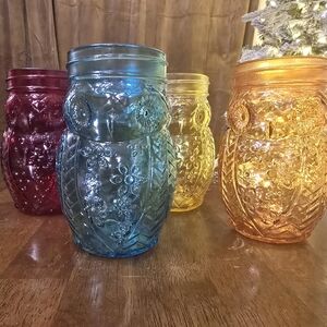 Owl Shaped Glass Jars Pint Size Mason Style Matching Gingham Lids Set of 4 RARE